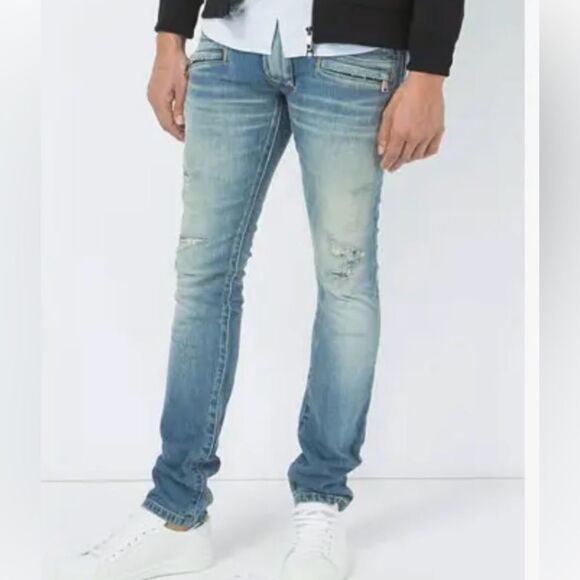 Balmain Zipper Pocket Distressed Skinny Jeans Faded Blue 36 NWT